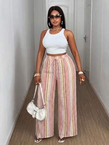 Maweii Plus Size Women Striped Patchwork Casual Loose Wide Leg Pants, Versatile For Daily Wear - Pink - View 6