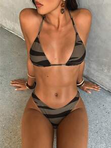 Aloruh 女款斑馬紋掛脖比基尼兩件式泳衣，海灘度假陽光夏季泳裝套裝，灰色豹紋熱帶風情海灘度假穿搭，優雅女款海灘泳衣比基尼套裝，2件式女裝泳衣 - 彩色 - 查看 9