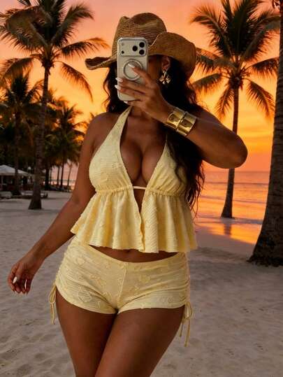 Vaytide Top de tankini con cuello de halter para mujer, estilo lindo y dulce, adecuado para sesiones de fotos, vacaciones, natación, viajes, aguas termales, playa, tomar el sol, primavera/verano