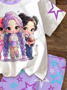 Young Girl Cartoon Print Round Neck Short Sleeve T-Shirt And Shorts Casual Daily Outfit - Multicolor - View 6