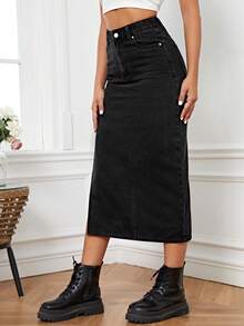 SHEIN Essnce High Waist Split Thigh Denim Skirt - Black - View 3