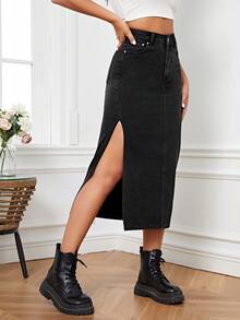 SHEIN Essnce High Waist Split Thigh Denim Skirt - Black - View 1