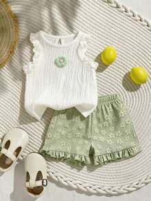 SHEIN Vintaside Kids 女婴可爱提花上衣和提花短裤套装，春夏女婴夏季服装，白色和绿色婴儿套装 - 彩色 - 查看 8