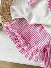 SHEIN Playful Pals Young Girl (Small) Knitted Jacquard Ivory Ruffle Trim Camisole Top And Pink Ruffle Trim Shorts Set, Cute And Adorable Baby Summer Outfit - Pink - View 8