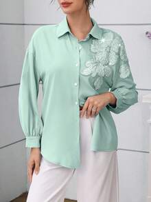 Modelyn 优雅蓝色串珠花卉落肩袖时尚女式衬衫 - 綠色 - 查看 5