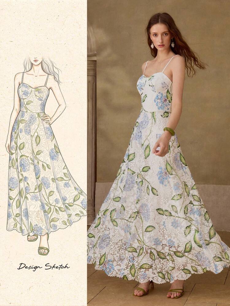 WOMEN'S ROMANTIC ELEGANT HOLLOW EMBROIDERED DIGITAL PLACEMENT PRINT LONG DRESS