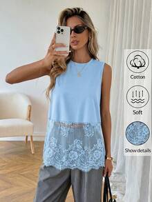 Easowa Áo tank top nữ không tay cổ tròn viền ren bằng cotton, thích hợp cho mùa xuân/hè. - Màu xanh nhạt - Xem 1