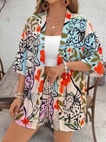 SHEIN VCAY Plus Size Women's Summer Beach Vacation Floral Print Loose Fit Kimono Top And Shorts 2-Piece Set - Multicolor - View 3