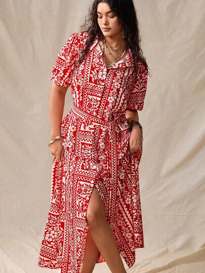 Nubod Plus Size Women's Elegant Floral Print Tie-Waist Dress, Fashionable Open Front Design, Summer Vacation Dress, Ladies Beach Dress