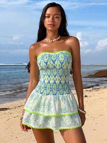 Swim Vcay Đầm cúp ngực kiểu Bohemian in họa tiết, thiết kế ngọt ngào, thanh lịch, eo thắt, viền bèo nhún. - Màu xanh bạc hà - Xem 4