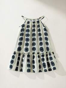 Maija Kids Maija Kids 1pc Kids/Young Girls Black Summer Matching Family Vacation Elegant Casual Floral Pattern Loose Ruffled Hem Camisole Dress,Comfortable Woven Outings - Black and White - View 2