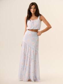 Willow Rêve Women's Light Blue Floral Print Lace Trim Cropped Camisole Top And Maxi Skirt 2-Piece Set Holiday Vacation Summer Boho Cottagecore Romantic Picnic - Blue - View 3
