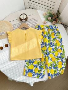 SHEIN Bộ 2 món cho bé gái, gồm áo dệt trơn màu có cổ bèo nhún và quần ống rộng họa tiết hoa nhí. - Nhiều màu - Xem 2