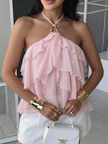 Firerie Damen Sommer elegant romantisch Urlaub Neckholder Metall Dekoration mehrschichtig Rüschen Lotus Rosa Bluse Top - Altrosa - Übersicht 7