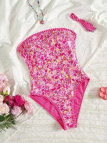 Swim Mod Baju Renang Monokini Seksi Motif Bunga Bolak-balik dengan Tali Bahu Tipis untuk Wanita, Cocok untuk Liburan Musim Panas. - MultiWarna - View 2
