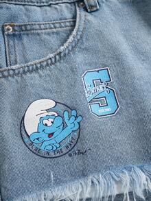 SHEIN X The Smurfs Quần short denim nữ kiểu dáng thường ngày, chất liệu denim bạc màu, họa tiết hoạt hình, gấu quần rách, thích hợp cho mùa hè. - Màu xanh lam - Xem 4