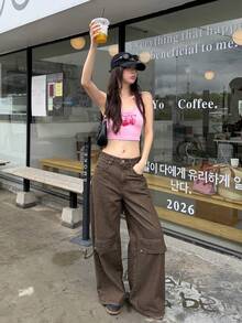 DAZY Quần jeans nữ dáng rộng, có túi tiện dụng, kiểu Hàn Quốc, đã qua xử lý giặt. - Cà phê nâu - Xem 8