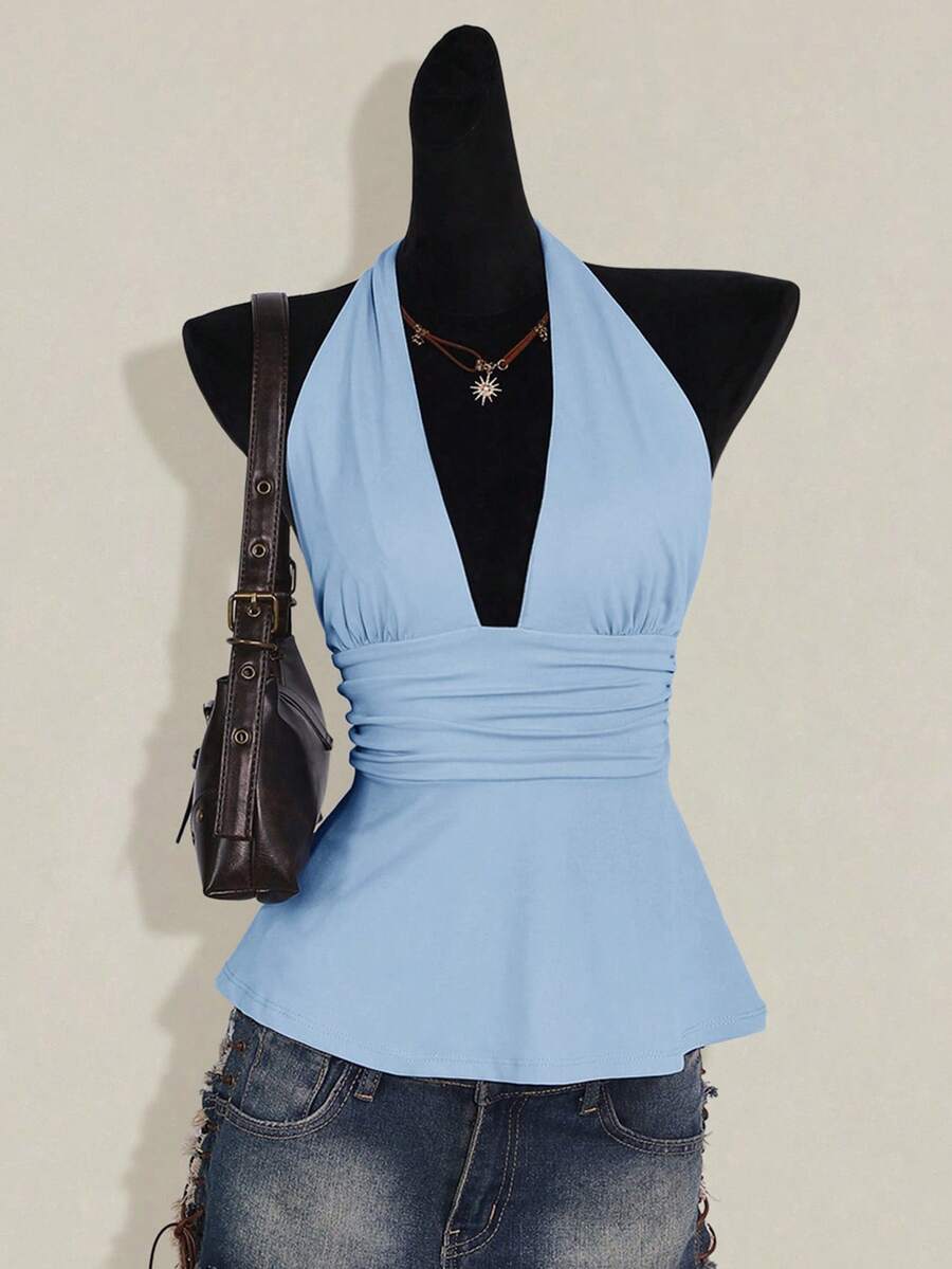 SHEIN ICON Halloween Women's Halter Backless Black Babydoll Tank Top,Summer Top - Baby Blue - View 1