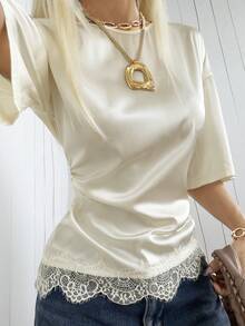 SHEIN EZwear Áo kiểu satin ren phối màu tương phản thanh lịch dành cho nữ, thích hợp cho mùa hè. - Màu be - Xem 6