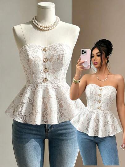 Endroma Elegant Vintage French Style Lace Composite Fabric Bustier Crop Top, Suitable For Dates, Shopping, Music Festivals And Other Occasions, Spring/Summer