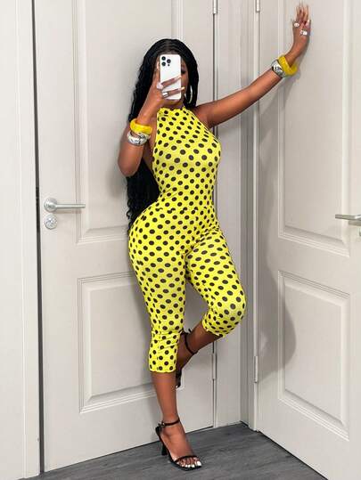 SHEIN PETITE Tight-Fitting Milk Silk Elastic Fabric Bright Color Polka Dot Print Halter Tie-Up Backless Sleeveless Capri Pants Casual Fashionable Women Jumpsuit