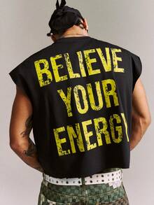 CRAVYNX Casual Street Wear Distressed & Frayed Yellow Slogan Print Oversized Cropped Muscle Sleeveless Top - Black - View 5