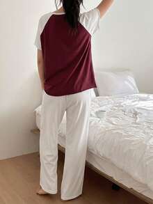 DAZY 2pcs/Set Women's Casual Contrast Color Raglan Sleeve Loose Fit Summer Pajama Set - Burgundy - View 2