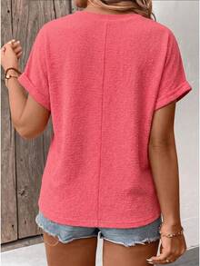 EMERY ROSE New Arrival Plus Size Women Casual Versatile Bubble Fabric V-Neck Short Sleeve T-Shirt - Red - View 2