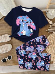 Niedliches Pyjama-Set für Tween-Mädchen mit rosa Herz-Lippen-Muster, Cartoon-Blau-Kaninchen Lulu, Weihnachten, Stich-Schleife-Muster, Herbst, runder Ausschnitt, kurze Ärmel, Shorts, geeignet für Sommer und Herbst - Verschiedenfarbig - Übersicht 2