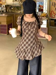 DAZY 女士格子圆领休闲短袖衬衫 夏季 - 咖啡棕 - 查看 2