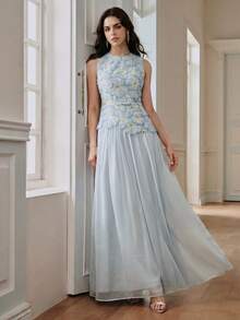 Anewsta Gaun Tanpa Lengan Leher Bulat dengan Bordir Bunga Elegan Terbaru untuk Musim Semi/Panas, Cocok untuk Hari Valentine, Liburan, dan Pesta. - Baby Blue - View 3
