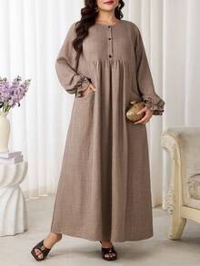Al Najma Plus Size Women's Solid Color Button Half-Placket Flare Sleeve Arabic Style Dress, Versatile - Khaki - View 6
