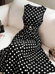 Formidée Plus Size Women's Vintage Elegant Polka Dot Print Sleeveless Belted Dress, Summer - Black and White - View 5