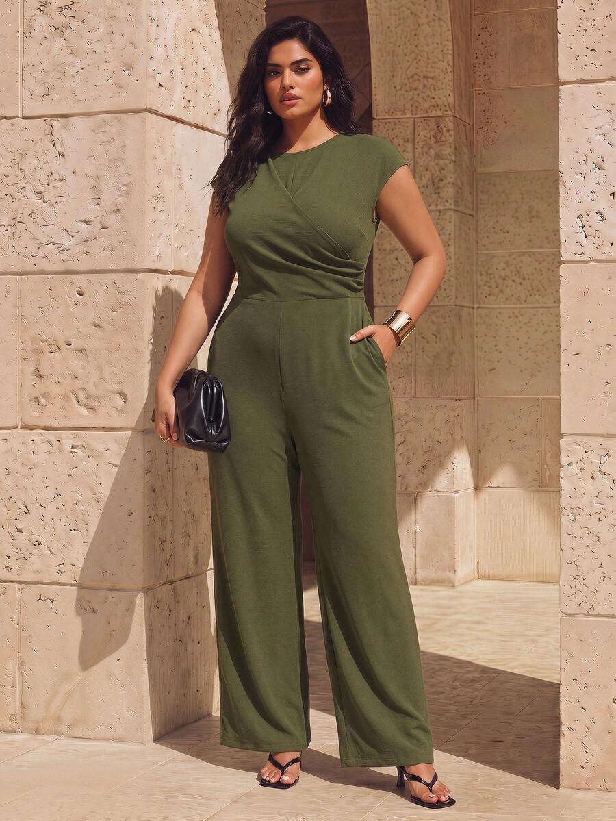 Juhart Plus Size Woven Casual Jumpsuit, Fashionable Commuter Design For Women In Summer - Green - View 1