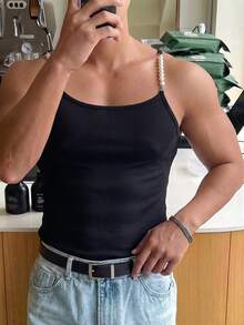 Manfinity Dauomo 男士仿珍珠性感时尚吊带背心 - 黑色 - 查看 4