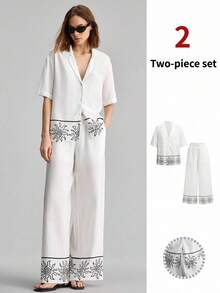 Ontre Blouse ample à imprimé soleil, floral et végétal peint à la main noir et blanc avec épaules tombantes, pantalon à taille élastique. Tenue bohème de plage, urbaine chic décontractée, de haute qualité pour l'aéroport, la croisière, les invités de mariage. Ensemble 2 pièces au look minimaliste de luxe, polyvalent - Noir et Blanc - Voir 3