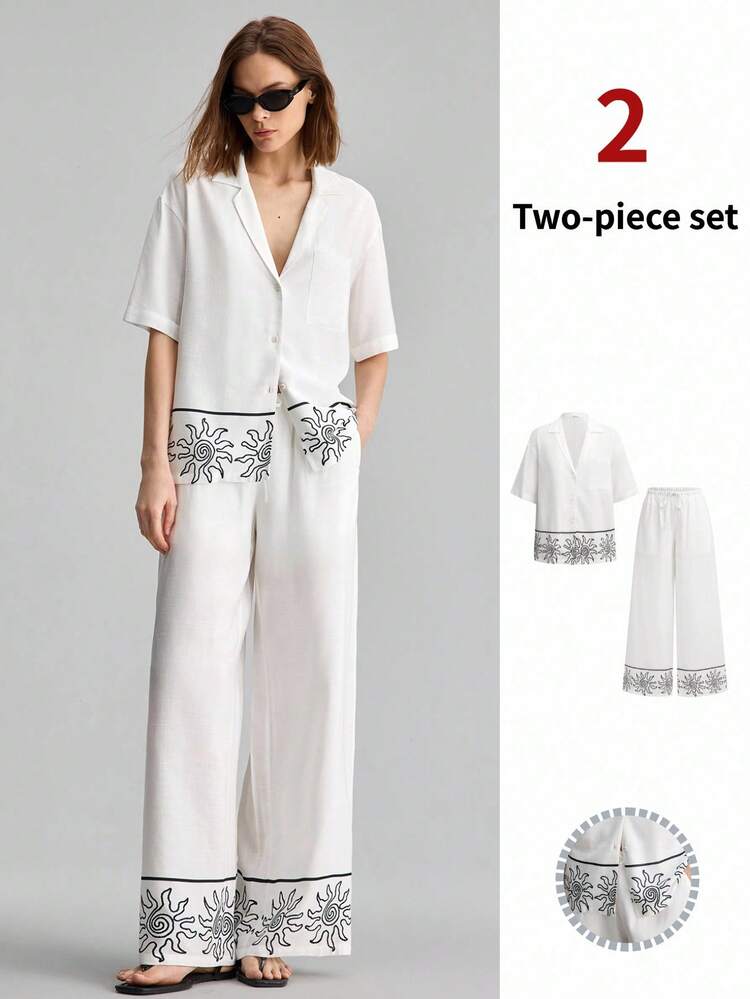 Women's Black N White Hand-Painted Sun, Floral Plant Print Relaxed Fit Blouse With Dropped Shoulder, Elastic Waist Pants, Bohemian Casual Beach Holiday Vacation Vacation, Urban Chic Business Casual, High-Quality Airport, Cruise, Wedding Guest Outfit, Minimalist Luxe Feel, Versatile 2-Piece Set All-Season Versatile Modern Urban Fashion Business Casual Women's Wear Office Attire Understated Old-Money Style, Elegant And Sophisticated, High-Quality Commuter And Airport Clothes Holiday Summer