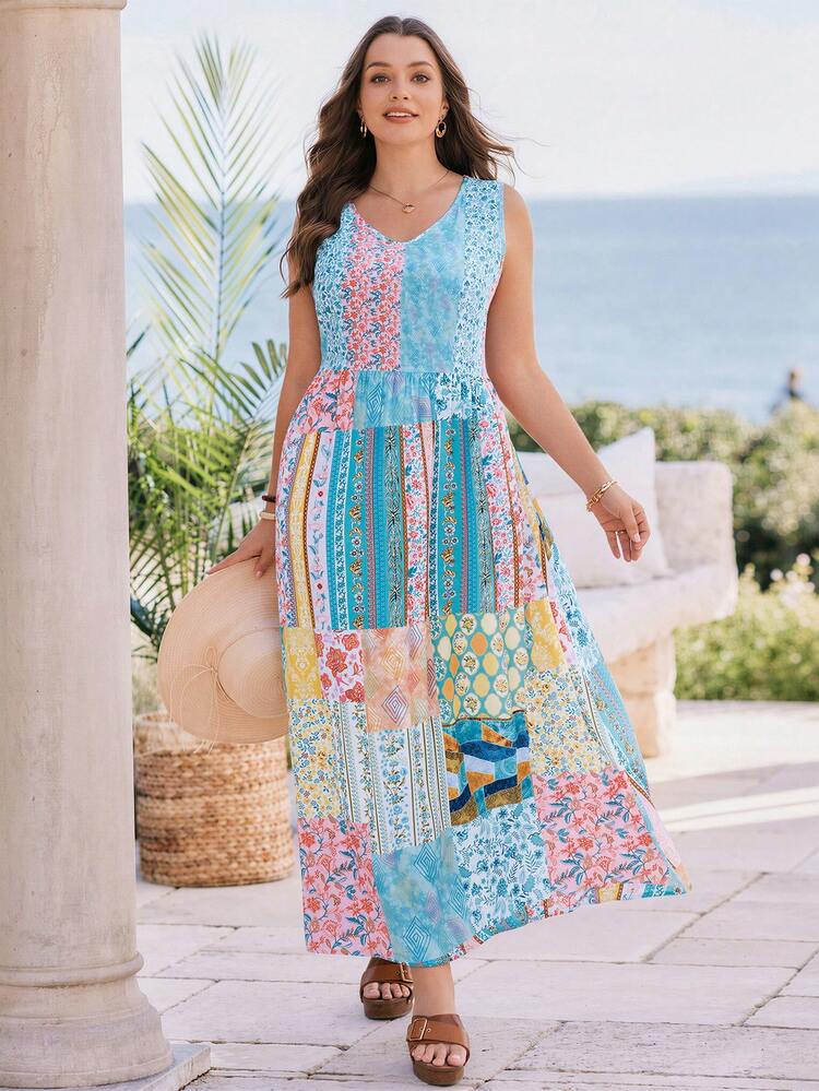 Plus Size Women Patchwork Pattern Sleeveless Casual Dress
