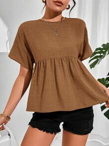 SHEIN Essnce Blusa casual de mujer con volantes en el bajo, unicolor, para verano - Marrón - Ver 4
