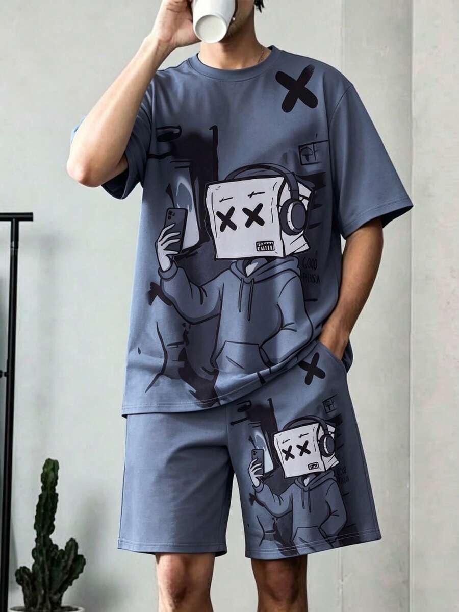 2pcs/Set Teen Boys' Dark Style Short Sleeve Set,Fashionable Minimalist Printed Hand-Drawn Graphic Design,Summer Streetwear Baby Blue Daily Casual Wear - Grey - View 1
