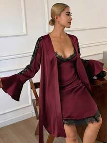 DAZY 2pcs Women's Summer Satin & Lace Patchwork Ruffle Sleeve Robe Set, Adjustable Waist Camisole Shorts Pajama Suit - Burgundy - View 5