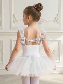 SHEIN Vestido de leotardo de baile de manga volante de encaje sin mangas blanco para niñas, verano - Blanco - Ver 1