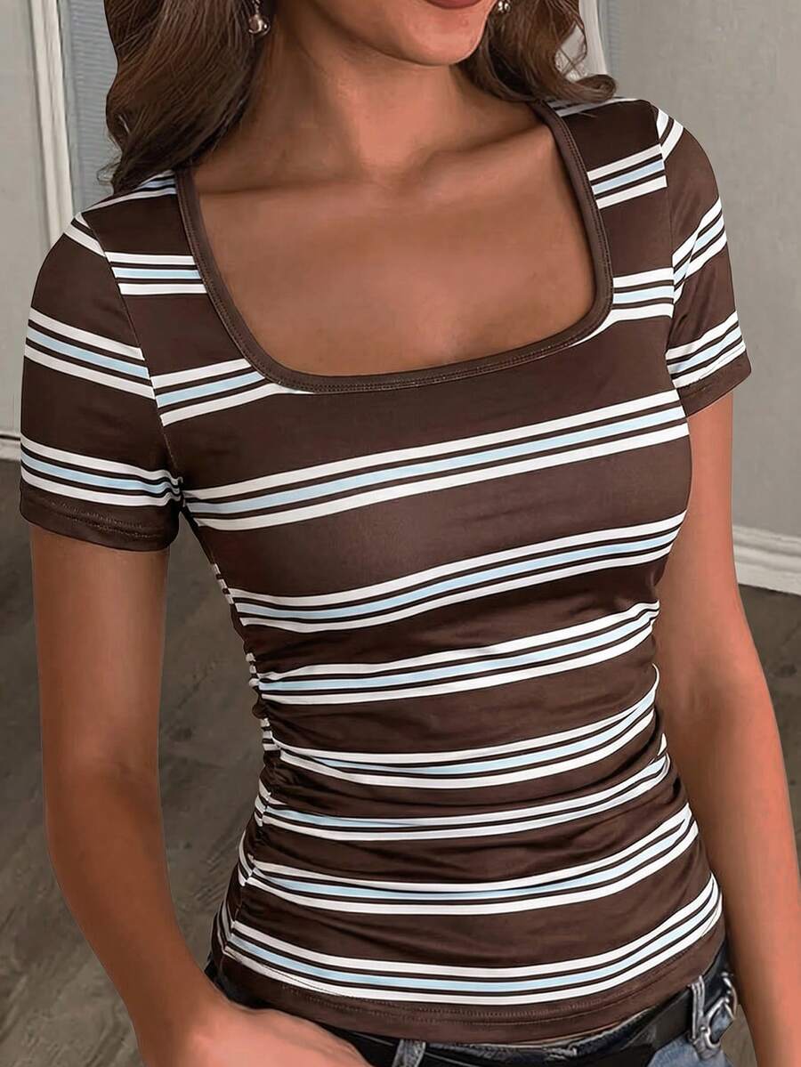 Slaydiva Minimalist Casual Basic Summer Square Neck Short Sleeve Slim Fit Side Ruched Ribbed Stretchy White Women T-Shirt