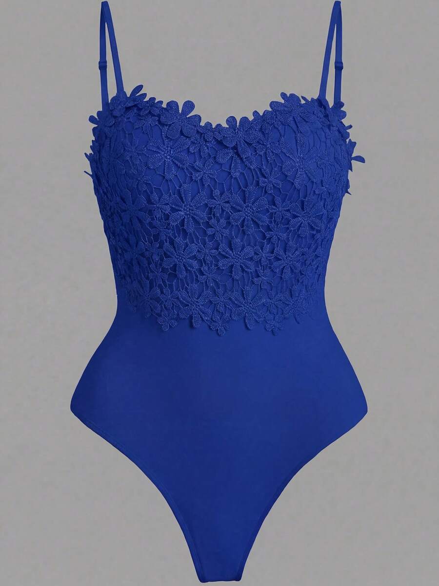 Rometta Plus Size Women Elegant Floral Lace Bodysuit - Blue - View 1
