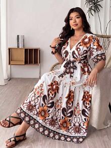 Lacomfia Plus Size Elegant Lace Patchwork Cinched Waist Dress, Casual Vacation Daily Wear Gym Brown Summer - White - View 4