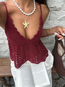 Sweetra Áo hai dây dệt kim cổ chữ V hở lưng ôm sát, gợi cảm, dễ thương, màu đỏ rượu vang mới, phối tương phản, có nơ, kiểu dáng mùa hè. - Màu Đỏ Sâu - Xem 7