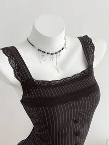 Elamini 女士通勤、返校、日常穿着黑色条纹蕾丝边迷你连衣裙 - 深灰色 - 查看 4