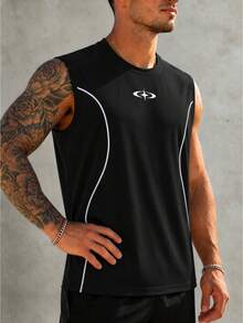 GymBeat Áo tank top nam không tay in họa tiết sọc tương phản, thích hợp cho tập thể dục, chạy bộ, tập bóng rổ. - màu đen - Xem 6