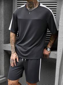 Manfinity CasualCool Men's Summer Streetwear Grey Loose T-Shirt And Drawstring Shorts Set,Going Out Casual Sports Contrast Sideseam Daily Commute Old Money Outfit - Multicolor - View 5
