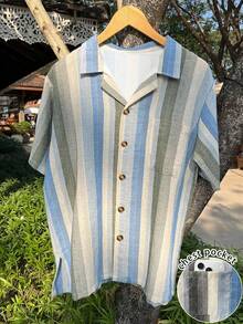 Airaco Men's Short Sleeve Single-Breasted Striped Polo Collar Casual Shirt - Multicolor - View 2